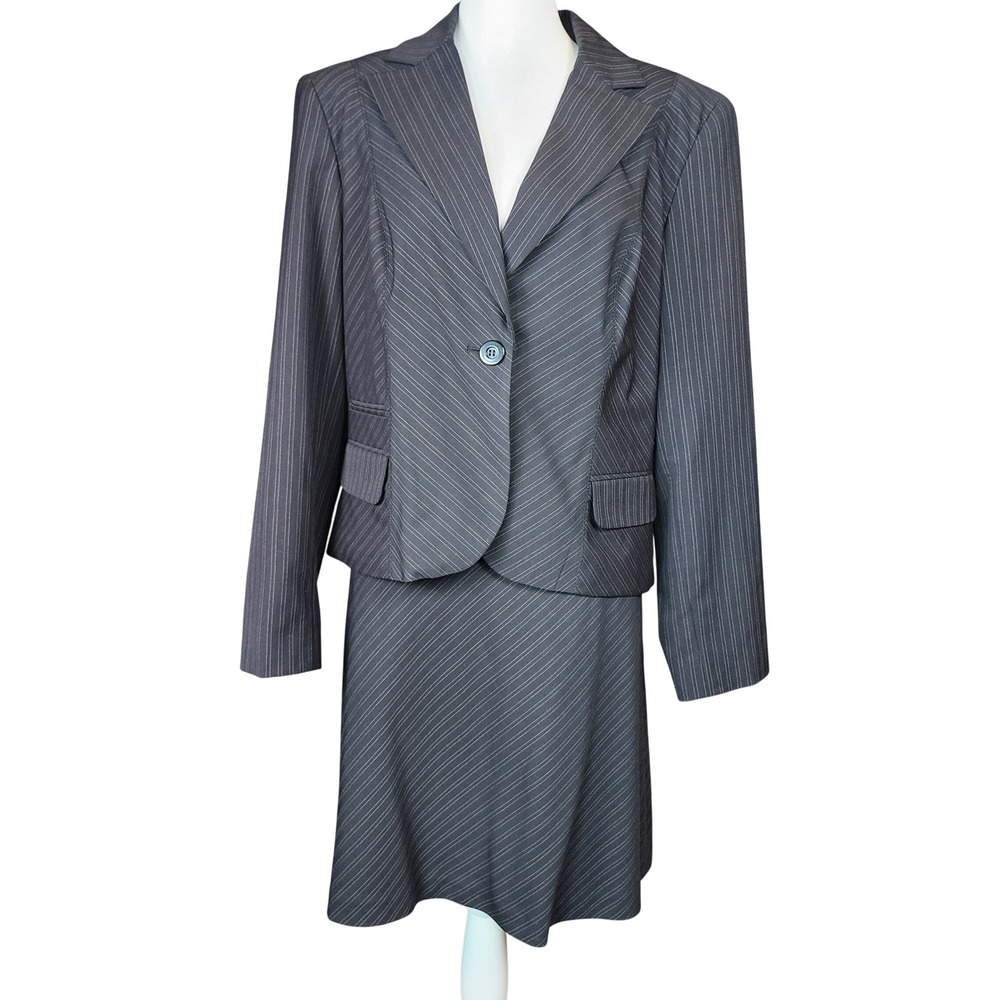 Worthington Pinstripe Skirt Suit Set Womens 12 Gray A-Line Office Business Work